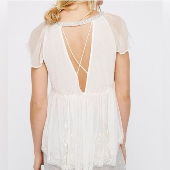 RARE NWOT Free People White Semi Sheer Beaded Babydoll Top Coquette Boho Angelic - Picture 3 of 10